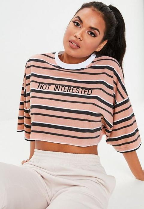 Petite Pink Not Interested Stripe Crop T-shirt, Pink