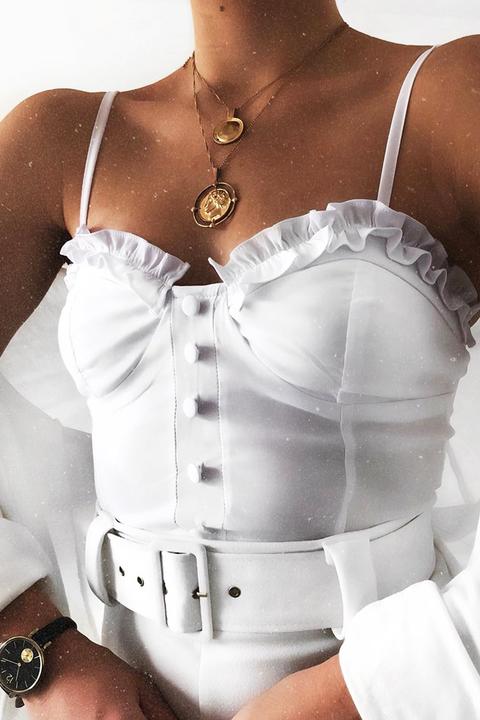 White Ruffle Button Front Cup Detail Crop Top - Veronica