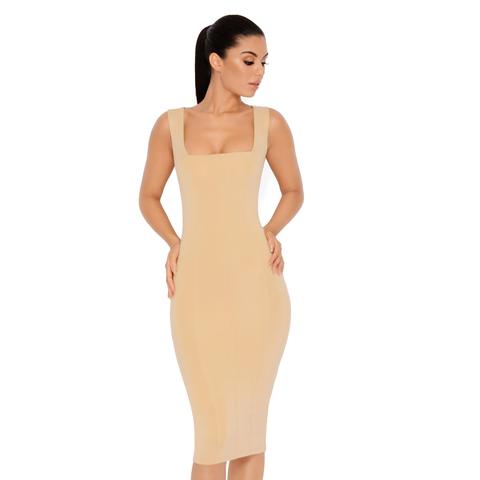 Hip To Be Square Double Layered Midi Dress In Beige