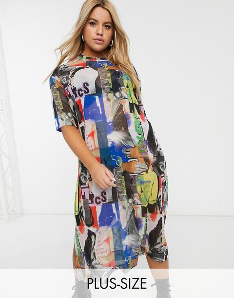 Vestido Estilo Camiseta De Malla Con Estampado De Collage De Collusion Plus-multicolor