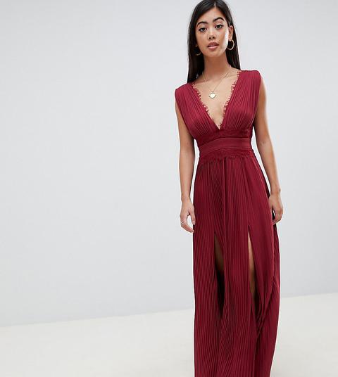 Vestido Largo Y Plisado Con Aplicación De Encaje De Asos Design Petite-rojo