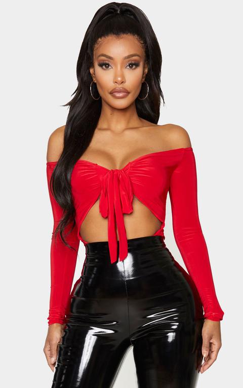 Shape Red Slinky Tie Front Long Sleeve Bodysuit