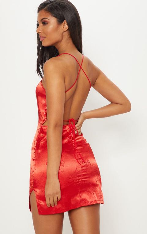 red satin lace up dress