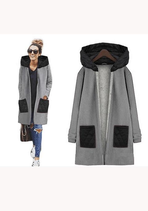 Cappotto Semplice Tasche Con Cerniera Manica Lunga Casuale Grigio