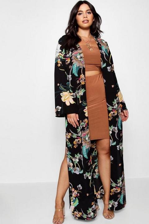 "plus" Paisley Floral Longline Kimono - Noir - 16, Noir