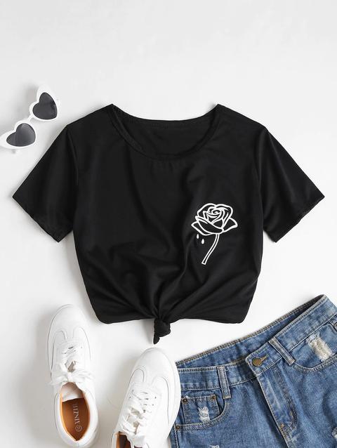 T-shirt Grafica Con Stampa Di Rose White Black