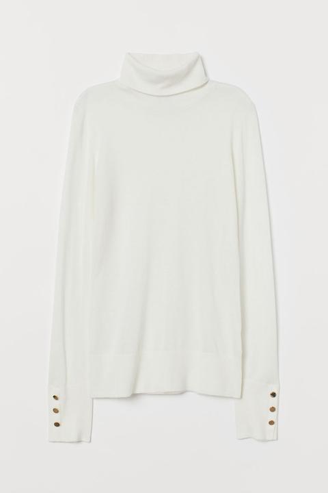 Fine-knit Polo-neck Jumper - White