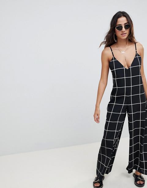 Asos Design - Tuta Lunga A Quadri Minimal Con Scollo A V Profondo E Spalline Sul Retro - Multicolore