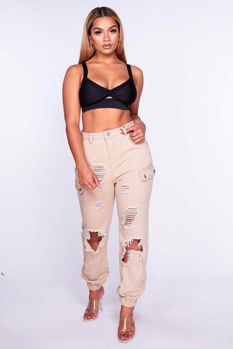 Beige Distressed Ripped Denim Joggers