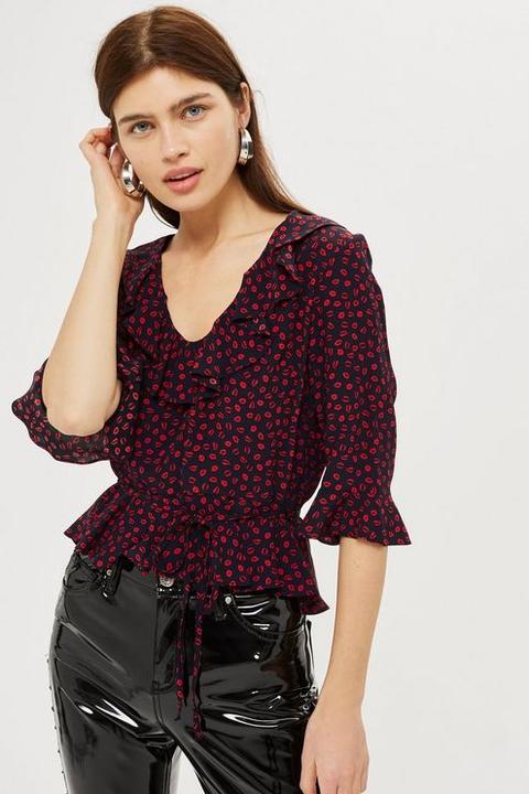 Womens Lips Print Frill Blouse - Navy, Navy