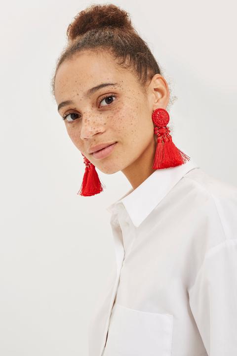 Womens Red Bead And Tassel Drop Earrings - Red, Red