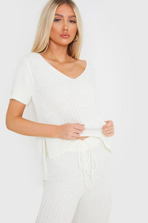 White Tops - Francesca Farago White Ribbed V Neck Top