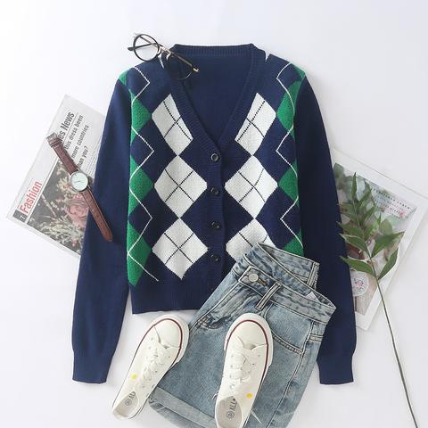 argyle pattern button front cardigan