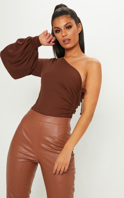 Chocolate One Shoulder Ruched Rib Bodysuit