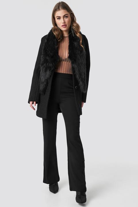 Faux Fur Collar Coat Schwarz