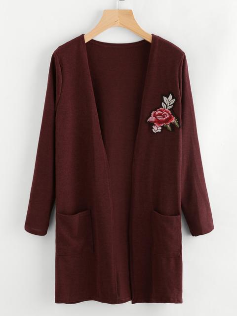 Embroidered Rose Applique Cardigan Sweater