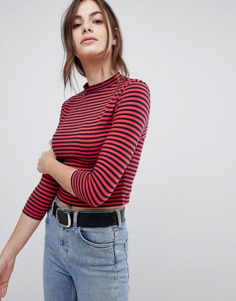 Asos - Top Corto Con Maniche A 3/4 E Collo Alto A Righe - Multicolore