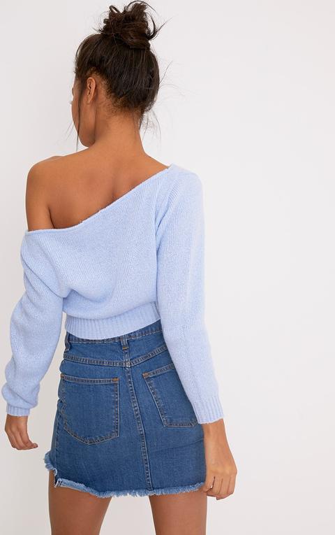 Adelaida Dusty Blue Off Shoulder Knitted Crop Jumper