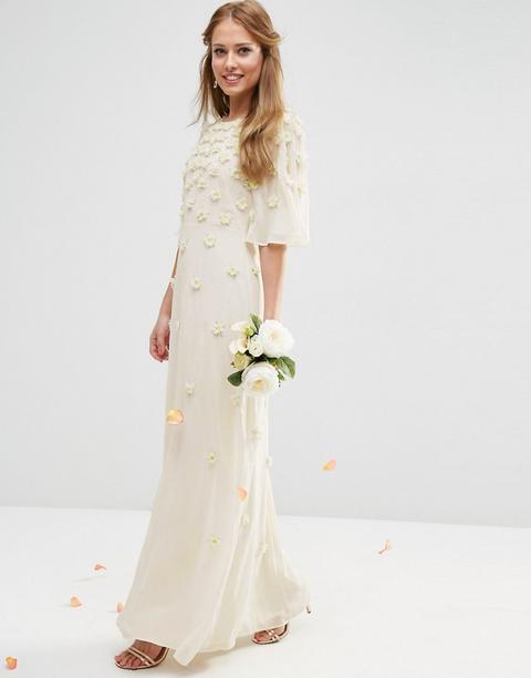 Asos - Vestito Lungo Da Sposa Con Maniche A Volant E Fiori 3d - Bianco