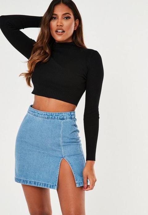 Blue Single Split Denim Mini Skirt, Blue