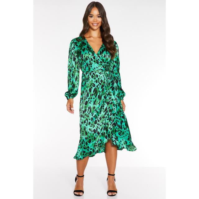 green satin wrap midi dress