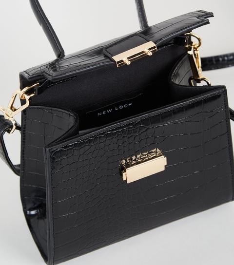 Black Faux Croc Mini Top Handle Bag New Look Vegan