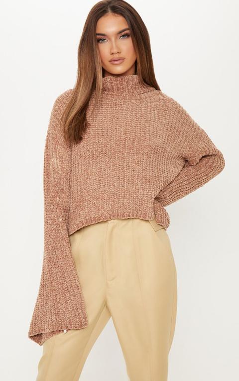 Camel Chenille Cropped High Neck Knitted Jumper