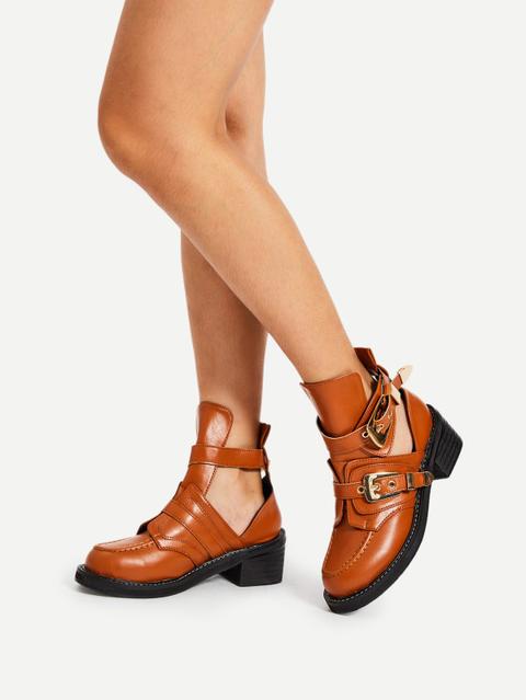 Double Buckle Pu Block Heeled Boots