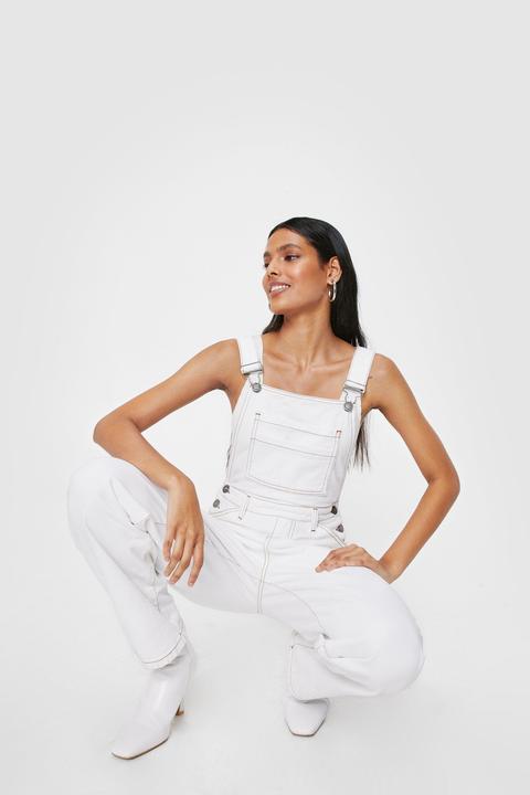 Womens Denim Contrast Stitch Straight Leg Dungarees