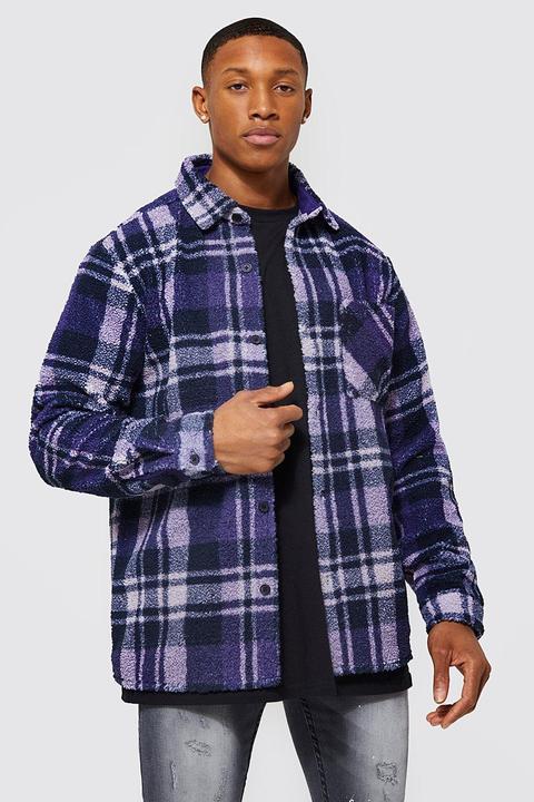 Mens Blue Check Borg Overshirt, Blue