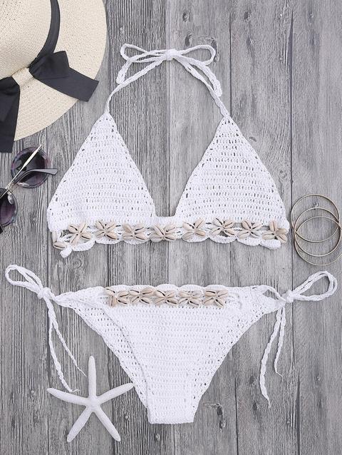 Bikini All'uncinetto Con Bordo Decorato Da Crostacei White Black