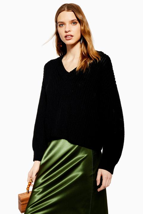 Womens Knitted Black V-neck Jumper - Black, Black