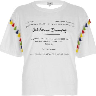 White 'california' Print Tassel Trim T-shirt