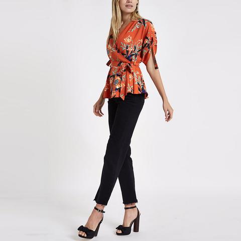 Red Floral Wrap Side Ruched Sleeve Top