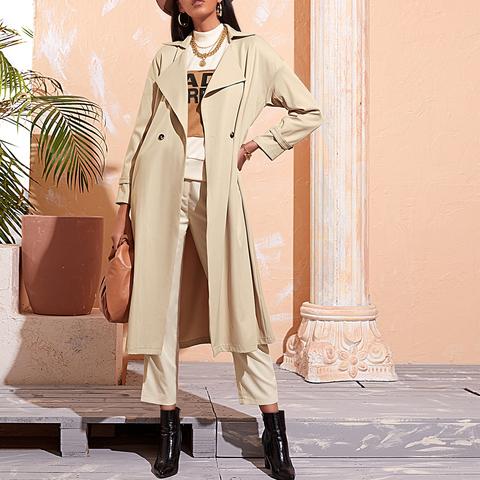 Drop Shoulder Double Button Belted Trench Coat