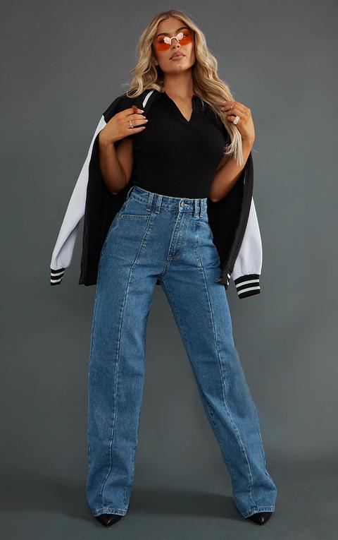 Vintage Wash Seam Front Wide Leg Jeans