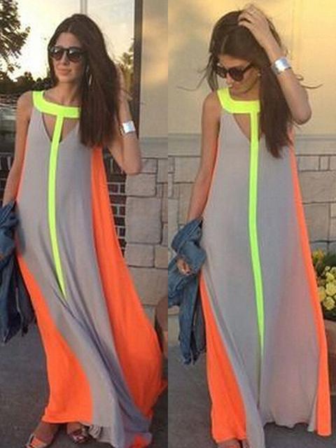 Maxi Abito Bloco Di Colore Falsi 2-in-1 Girocollo Chiffon Della Boemia Grigio