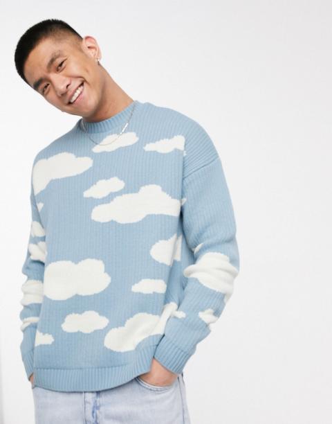 Asos Design Oversized Knitted Jumper With Cloud Design-blue