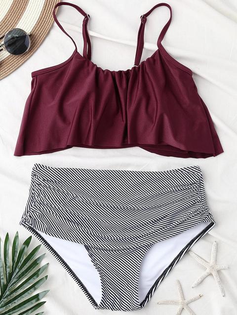 Bikini A Vita Alta Con Pannello A Righe White Yellow Black Wine Red