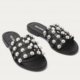 Pearl Caged Flat Slider Sandals In Black