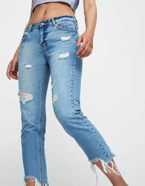 Jeans Dritti Con Orlo Strappato A Vita Bassa