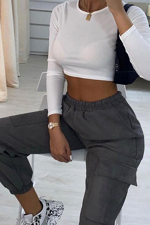 White Basic Rib Long Sleeve Crop Top