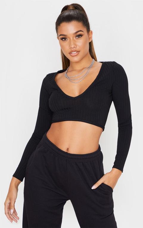 Black Rib V Plunge Long Sleeve Crop Top