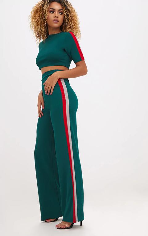 Emerald Green Sport Side Stripe Wide Leg Trousers, Emerald Green