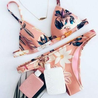 Traje De Baño Flores Imprimir Correa De Espagueti Bikini De Dos Piezas Rosa