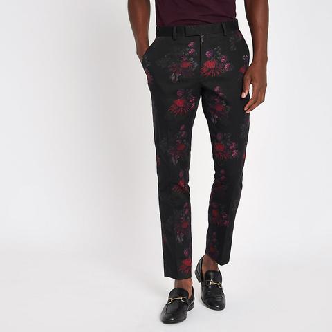 Black Floral Skinny Suit Trousers