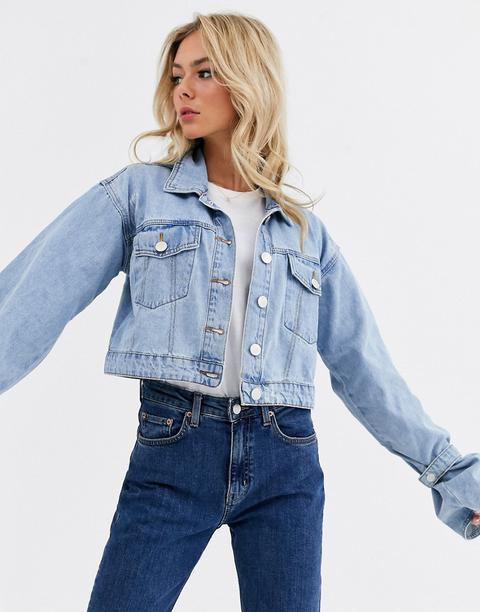 Glamorous Distressed Cropped Denim Jacket-blue