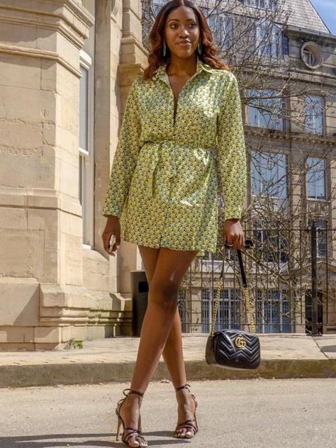 Hayme Moroccan Cube Print Shiny Tie Waist Shirt Dress In Neon Green