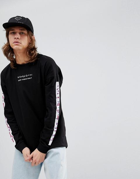 Asos Design Oversized Long Sleeve T-shirt With Good Vibes Front And Sleeve Print - Black