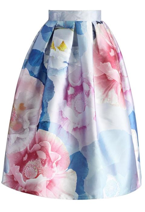 Bloom In Watercolor Printed Midi Skirt